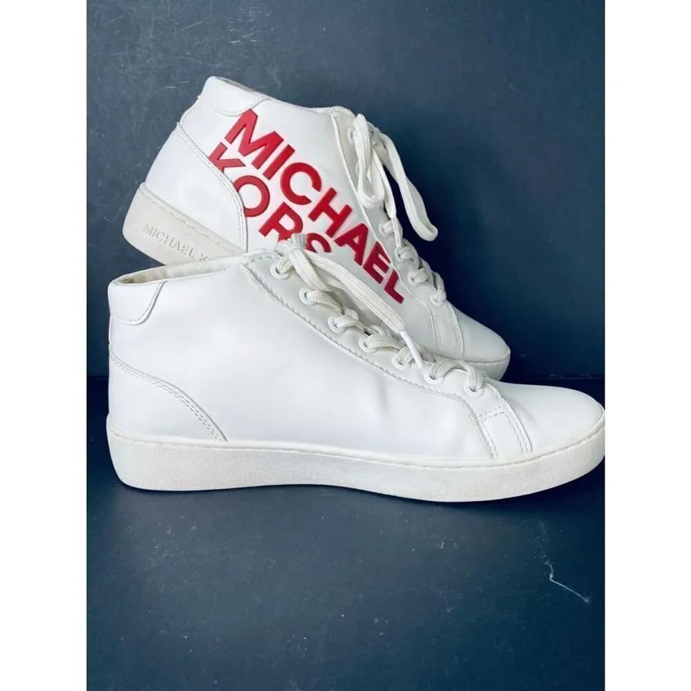 🛍️Michael Kors White Sneakers with Red Logo Mid-High-Tops - Picture 10 of 16